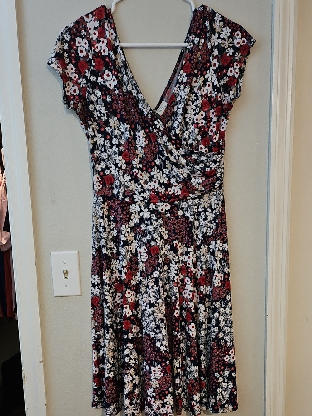 Kaileigh Black Floral Wrap A-Line Dress with Red and White Blooms